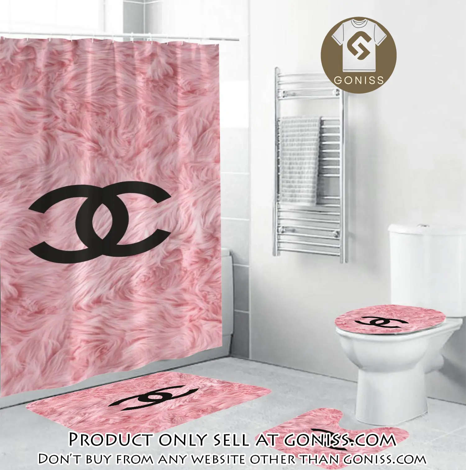 Coco chanel black logo in pink feather bathroom set shower curtain gn5258261
